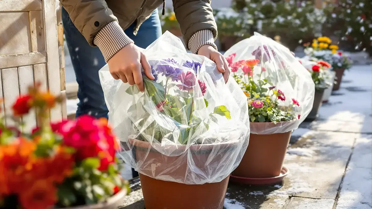 De douchemuts beschermt buitenbloempotten: hoe goedkope hoezen planten tegen vorst beschermen