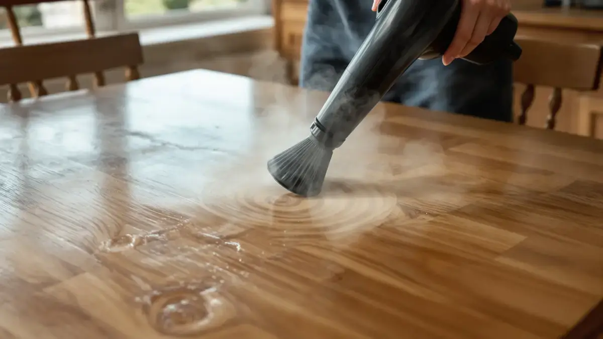 De föhnmethode verwijdert waterringen: hoe warme lucht het vocht uit het hout onttrekt